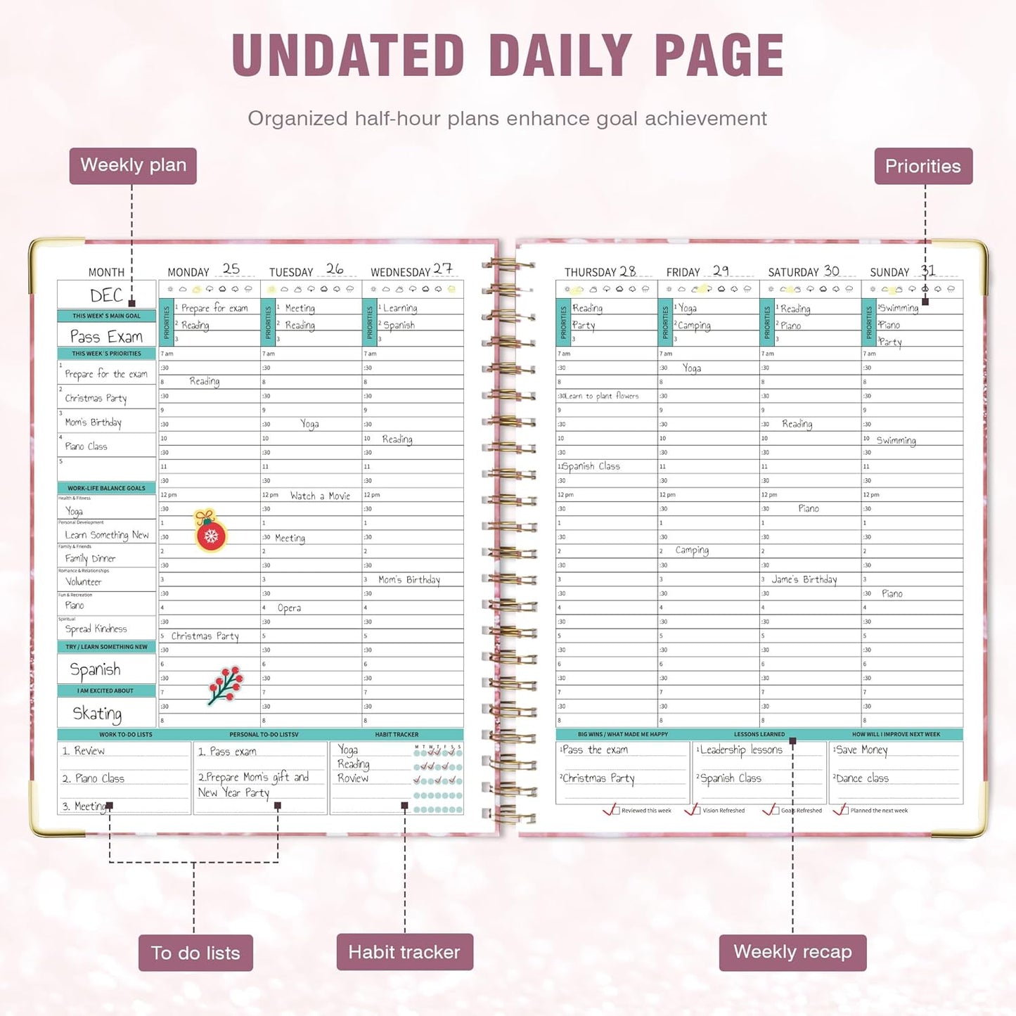 Ospelelf Undated Spiral Bound Planner Daily, Weekly and Monthly Planner, Pink Teacher Planners 12 Month 8.5 x 11