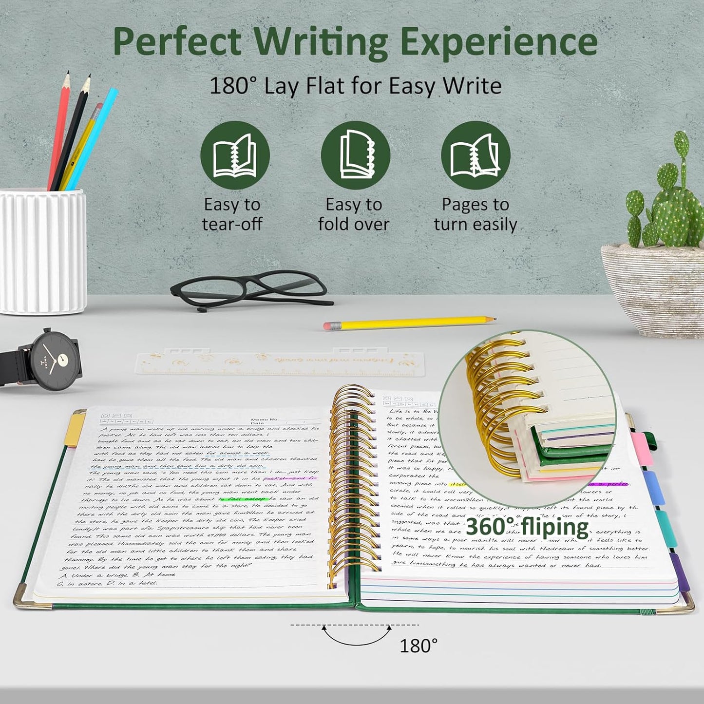 Hardcover Spiral Notebook Journal, 8"x10" Large B5 Notebooks with Removable Dividers Tabs, 300 Pages Leather 5 Subject Notebook College Ruled, Journal for Work School Note, 100 GSM Thick Paper,Green.