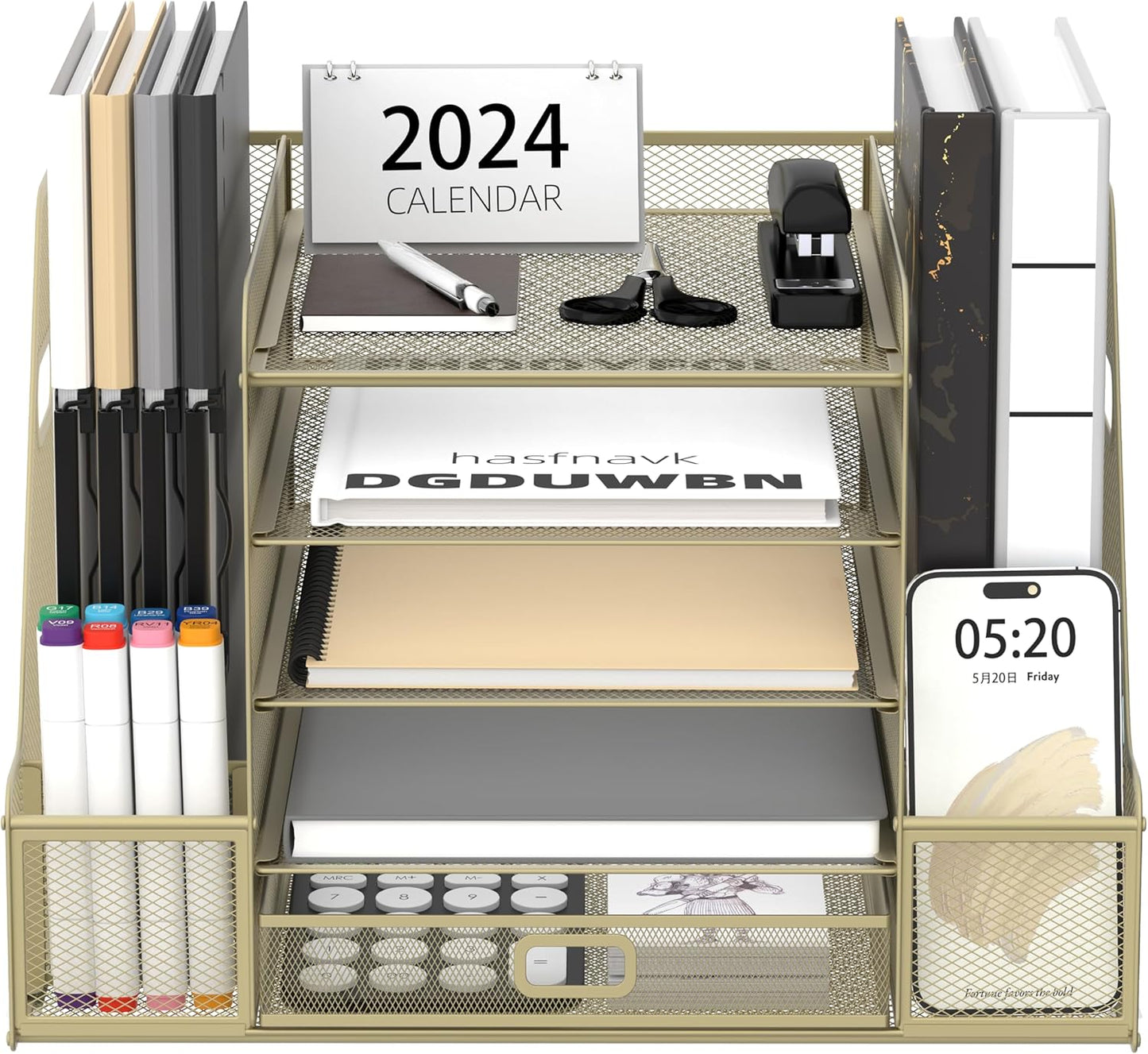 SUPEASY Mesh Desk Organizer with File Holder, 5-Tier Paper Letter Tray Organizer with Magazine Holder, Desktop Organizer and Storage with Drawer for Office Supplies Home or School, Yellow