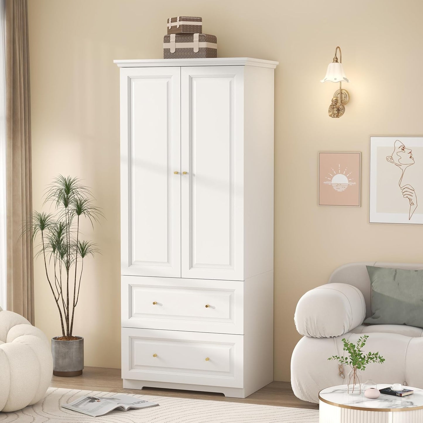 White Armoire Wardrobe Closet with Drawers: Wardrobe Closet for Hanging Clothes, Modern Bedroom Armoires with Hanging Rod, Wardrobes Closets with Doors and Shelves (White, 31.5")