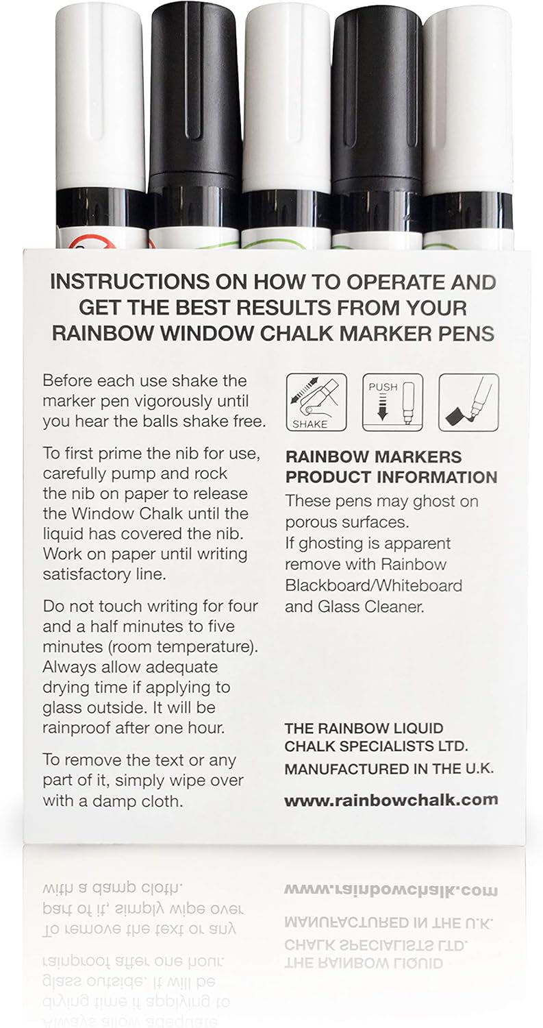Glass Pen Window Marker: Liquid Chalk Pens for Glass, Whiteboard Markers with Washable Paint - Graduation, Car Windows, Mirror, Storefront, Wedding, Party & Holiday (5 Pens - Black & White - Fine Tip)