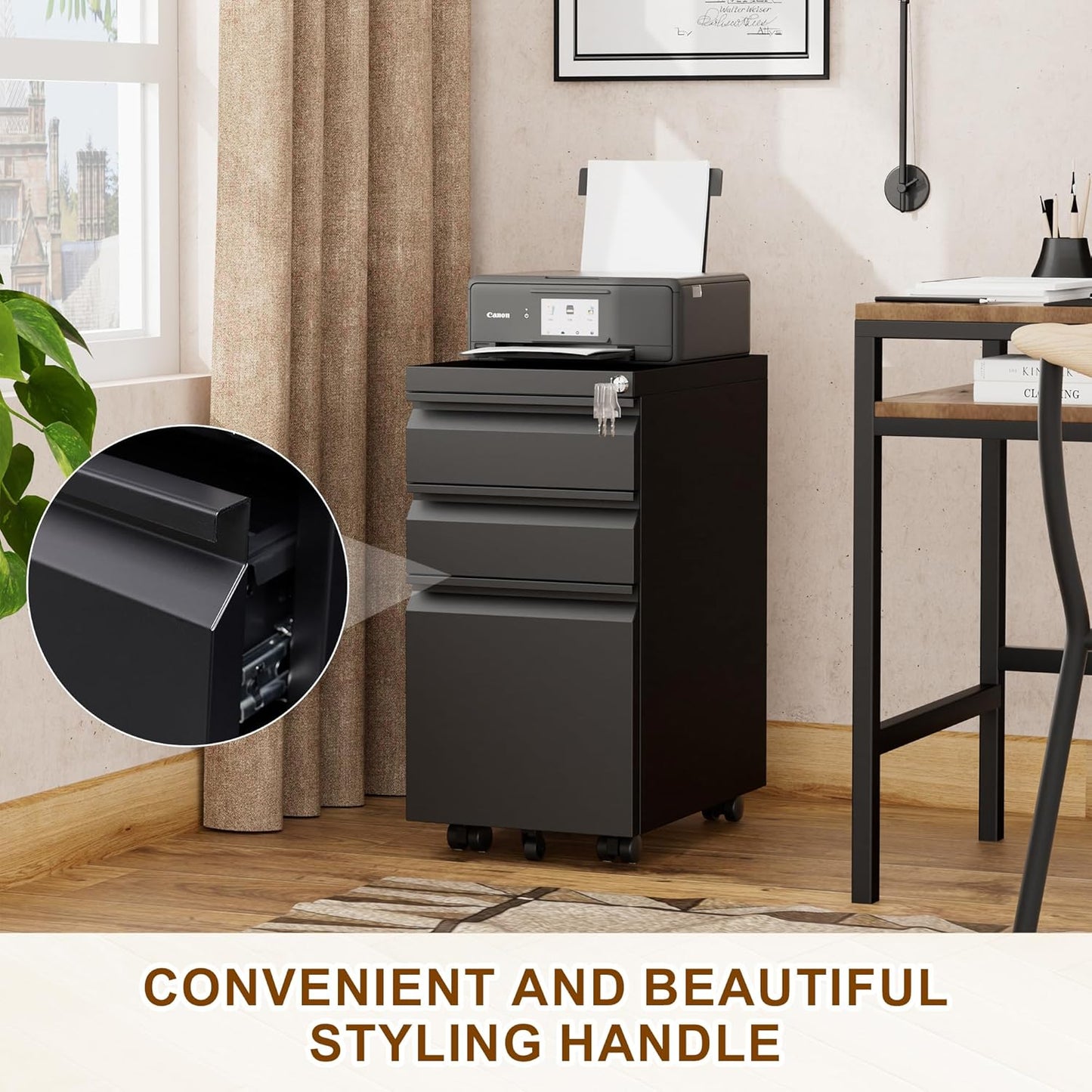 Metal Mobile File Cabinet with Lock and 4 Keys - Fully Assembled, Under Office Desk 3 Drawers Filing Cabinet for Home Office with Anti-tilt Wheels, A4/Legal/Letter Hanging File Drawers