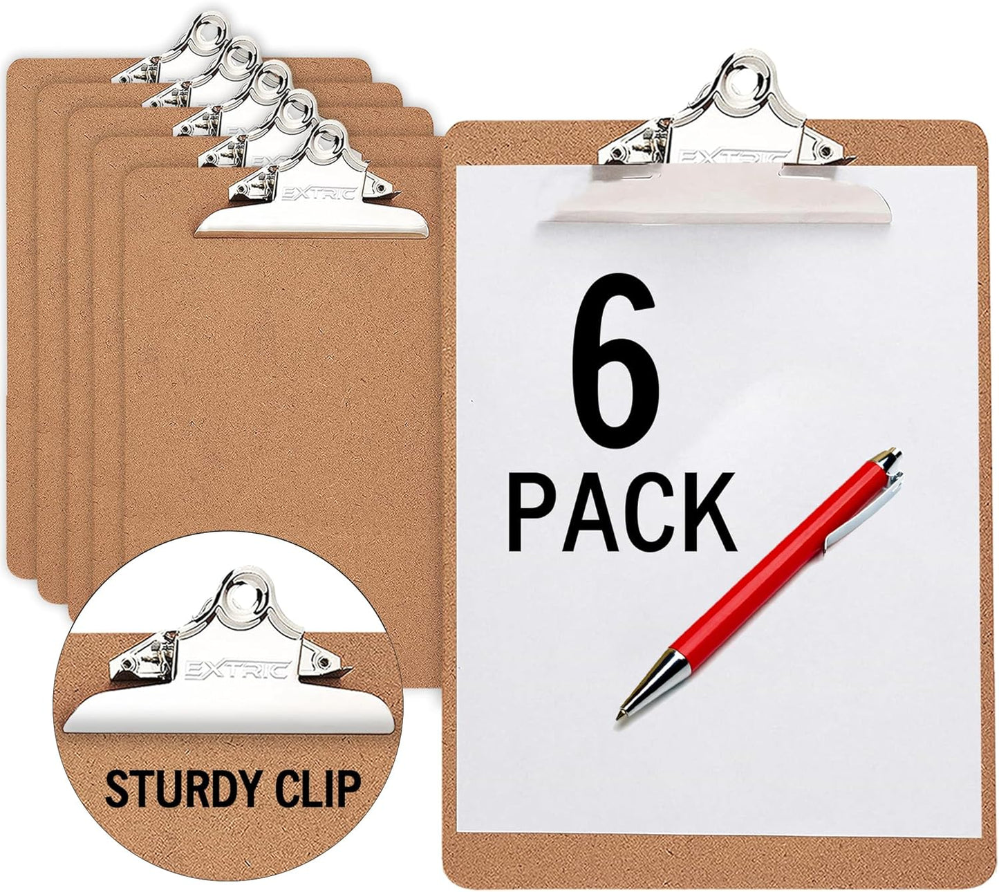 6 Clipboards Standard A4 Letter Size, 9x12.5 inch Wooden Clipboard with 6" Metal Clip, Hardboard, Ideal for 8.5 x 11 Inch Paper, for Office, School, and Home Use