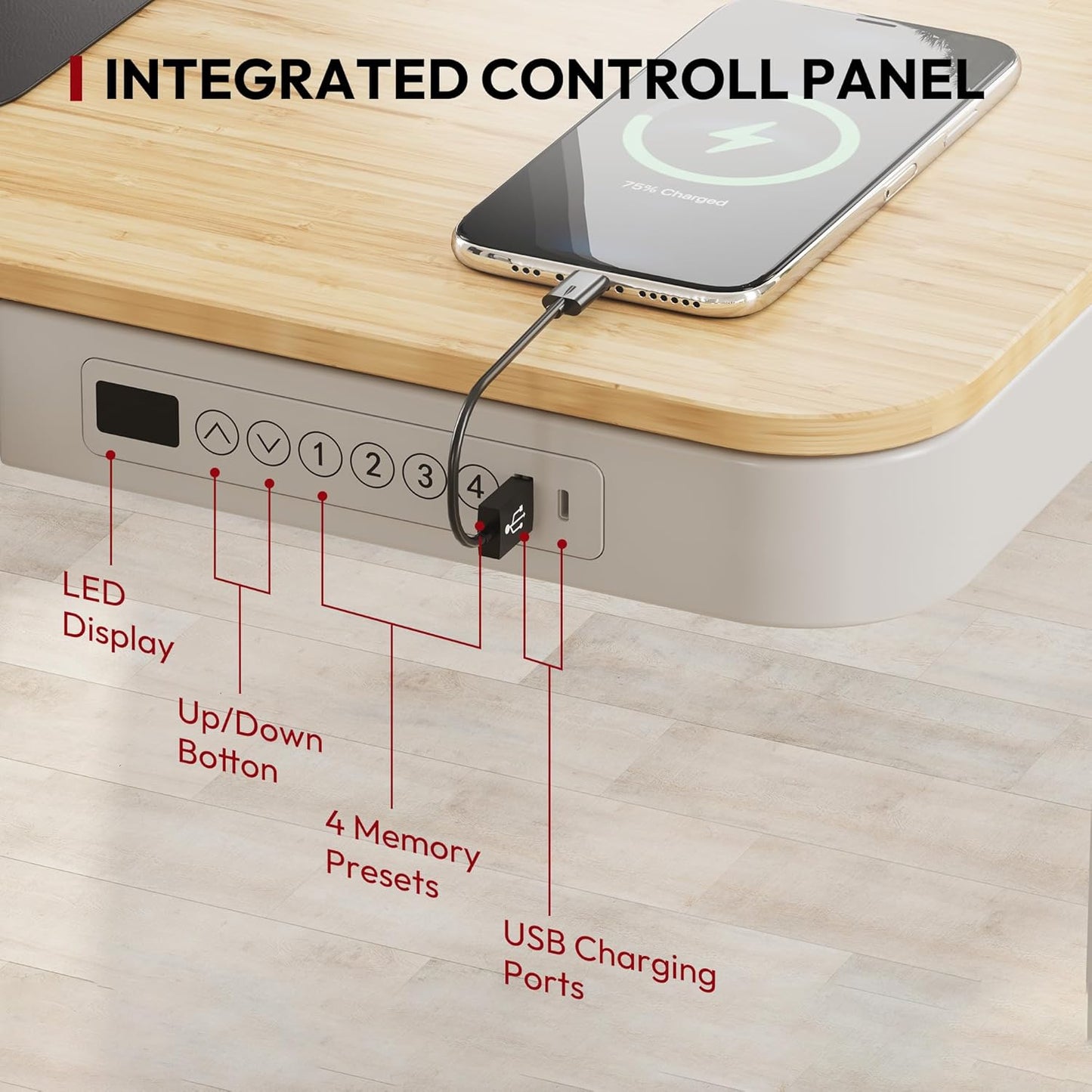 Standing Desk with Drawer, Electric Height Adjustable Home Office Desk with Storage & USB Ports, 48 inch Bamboo Texture Tabletop/White Frame