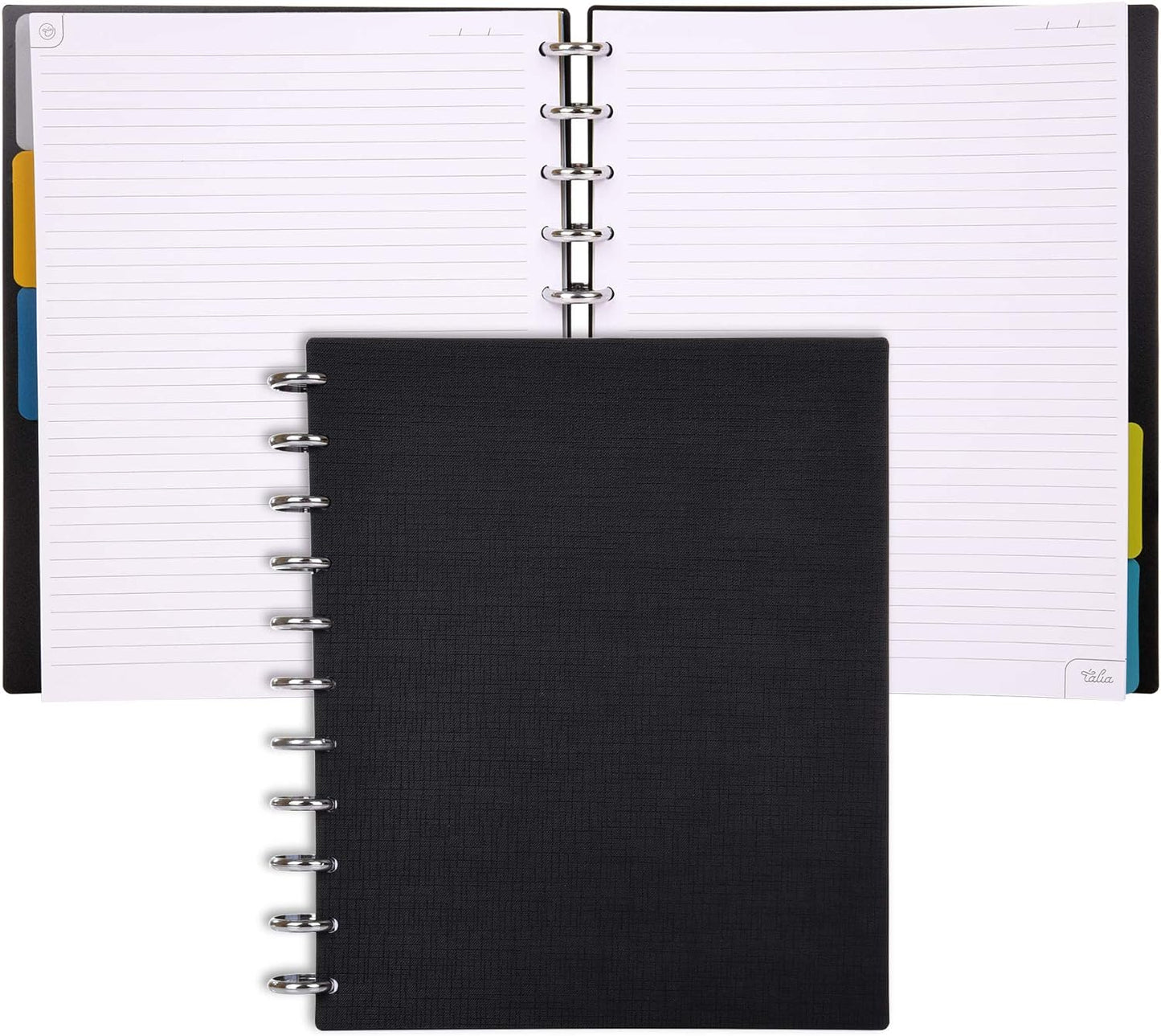 Talia Discbound Notebooks, Planner, Customizable, (yBlack w/Silver Discs, Letter (8.5in x 11in))