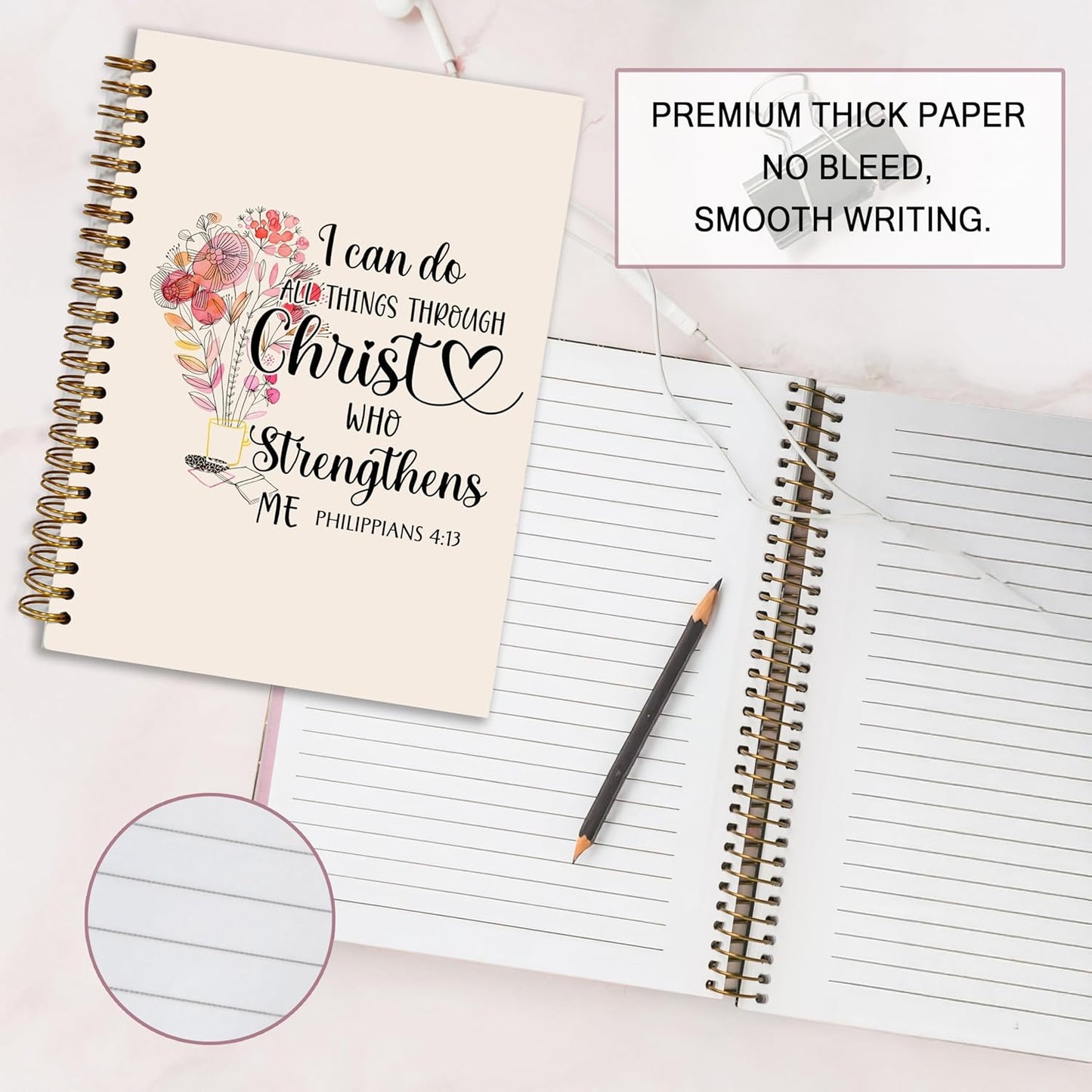 Bible Notebook, A5 Spiral Christian Journal Pink Floral Notebook, Bible Verse-I Can Do All Things Through Christ Who Strengthens Me, Inspirational Notebooks for Women, Gift for Birthday Christmas