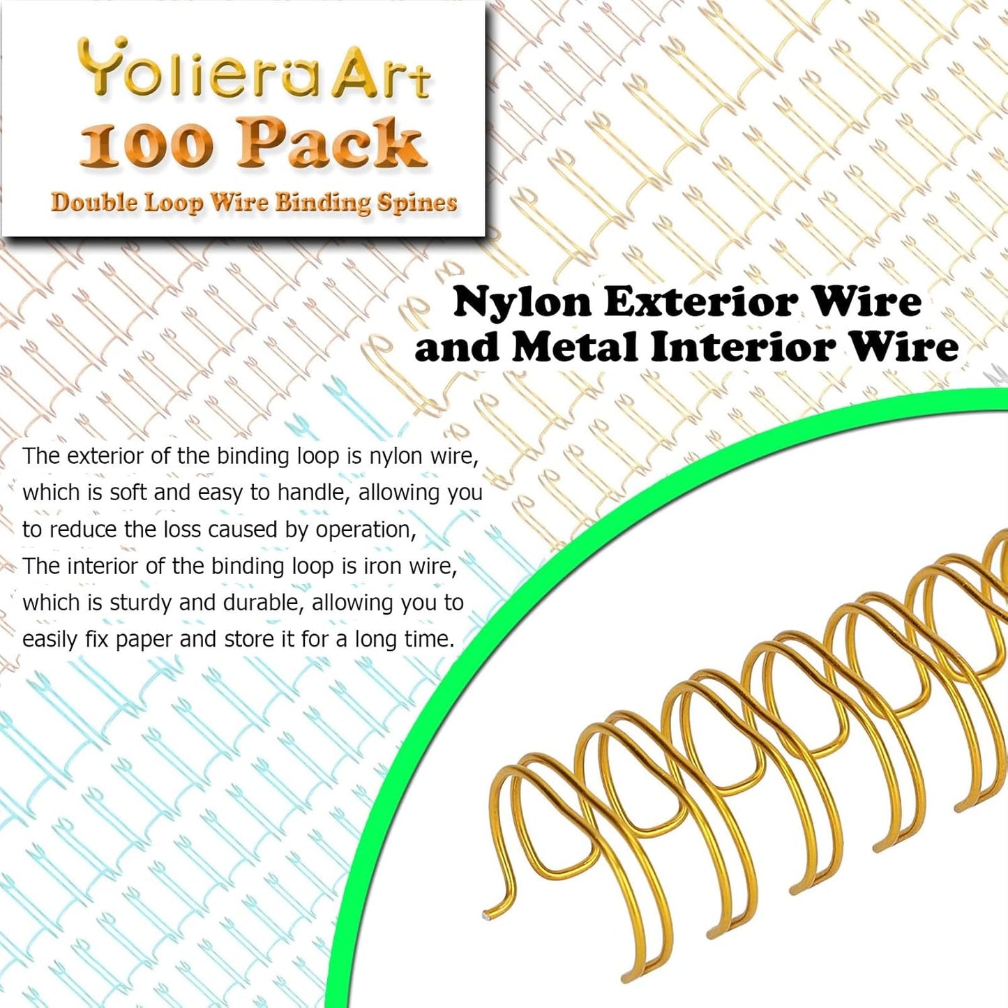 100 Pack Double Loop Wire Binding Spines, YolieraArt 1/4 Inch Spiral Binding Coils for Letter Size,Metal Bindings for Notebook Binder Machine (20 Sheet Capacity, 100P, 3:1 Pitch Twin Combs, Gold)