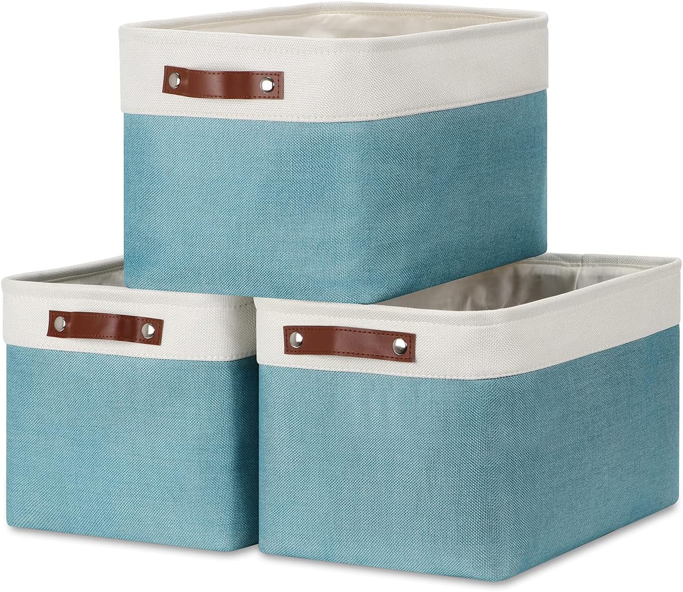 DULLEMELO Storage Baskets for Shelves, Fabric Collapsible Rectangular Storage Bins for Shelves, Closets, Nursery, Home, Empty Gift Baskets (3-Pack Medium-15 inch X 11 inch X 9.5 inch , White&Teal)
