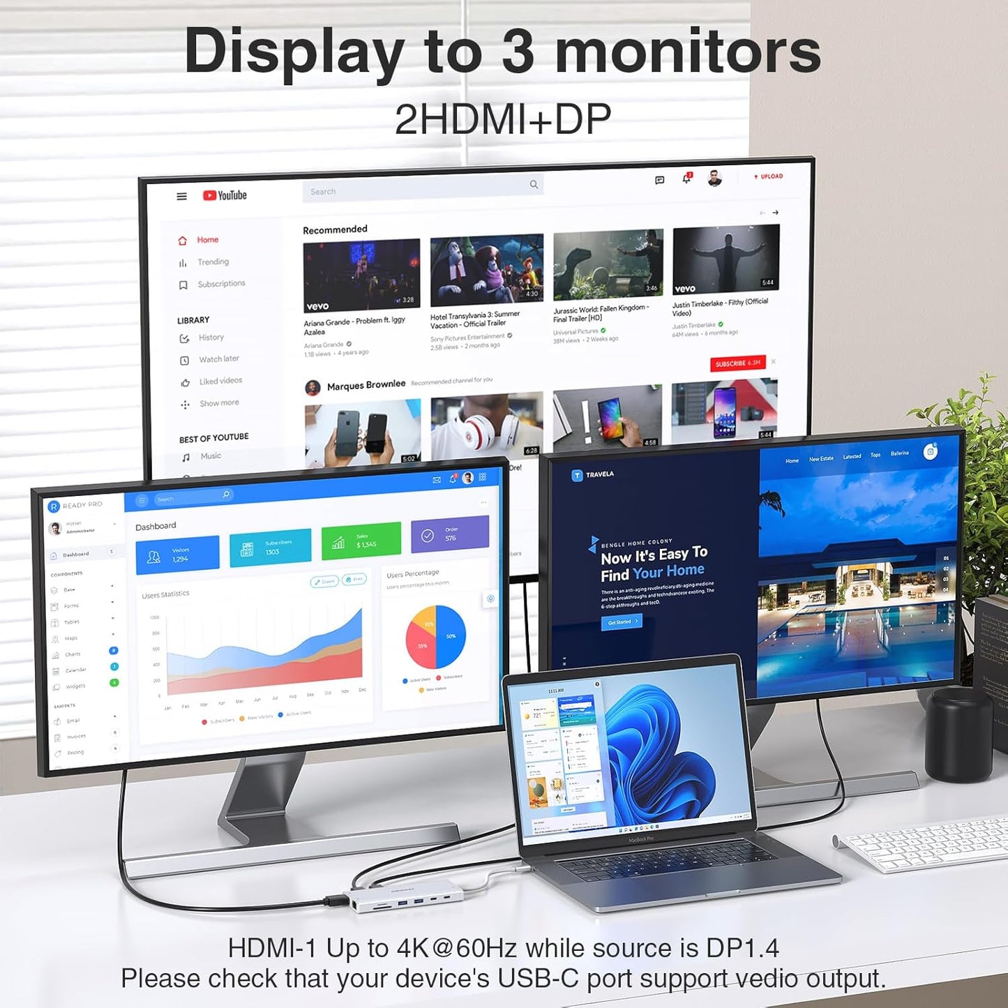 USB C Hub USB-C Docking Station Dual Monitor 14 in 1 Triple Display Multiport Adapter with 2 HDMI+DP+7 USB Type C/A Ports+Ethernet+Audio, USBC Dongle for Dell/HP/Lenovo ThinkPad/Surface(Sliver)