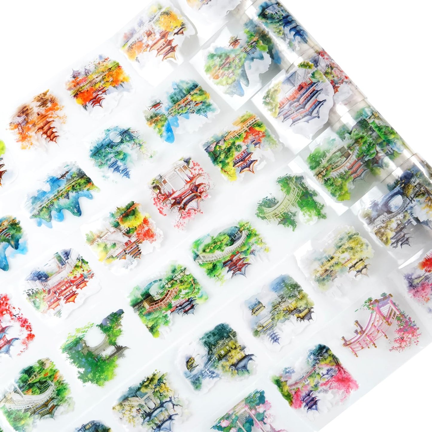 6 Rolls Garden Courtyard Landscape PET Tape Set, Pre-Cut Scenery Stickers for Journaling, Scrapbooking, and DIY Crafts, with Decorative Clip