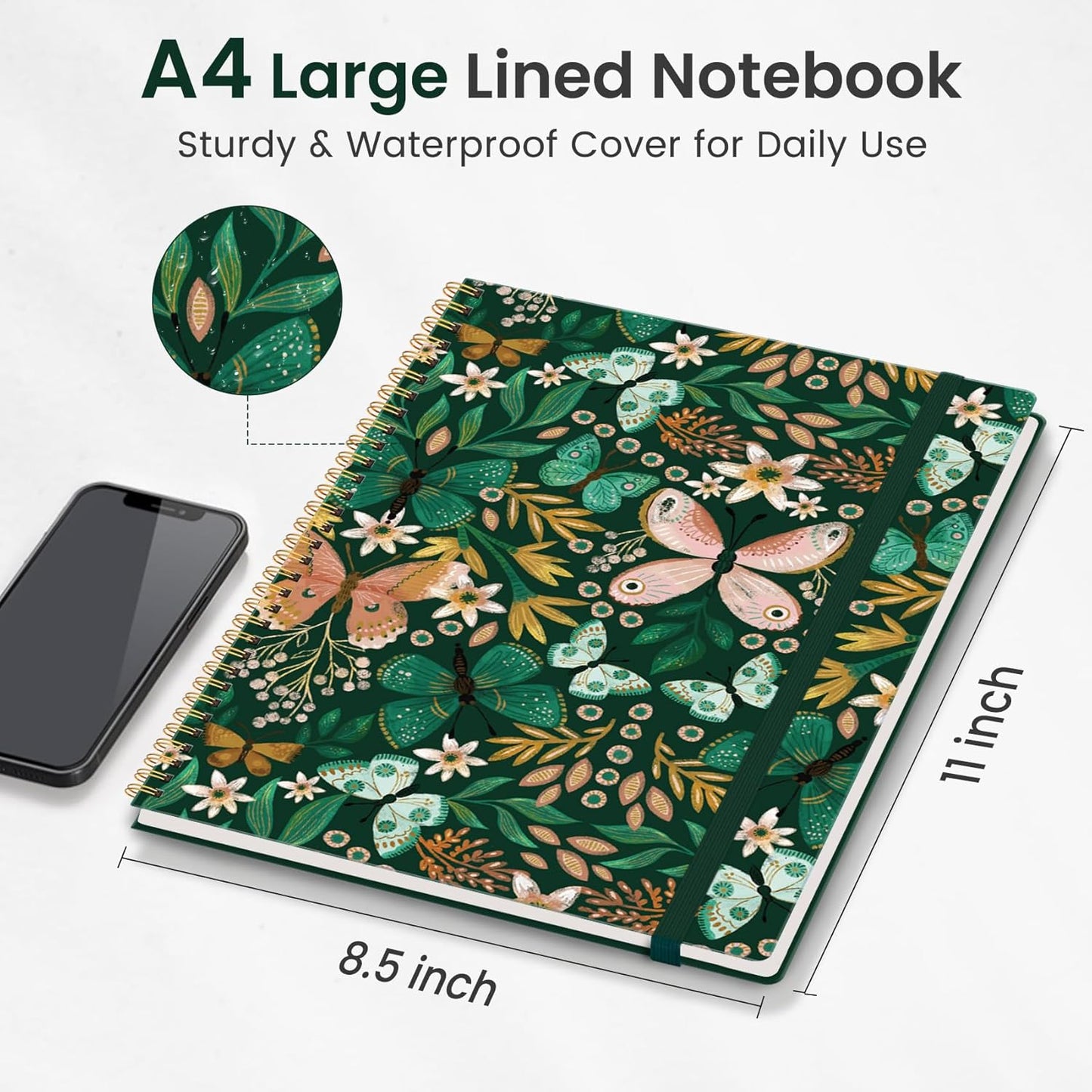 Taja Spiral Lined Notebook, 8.5"x11" Notebooks for Work, Large A4 Journal for Women & Men, College Ruled Journaling Notebook for Writing, Plastic Cover Spiral Journal, Butterfly