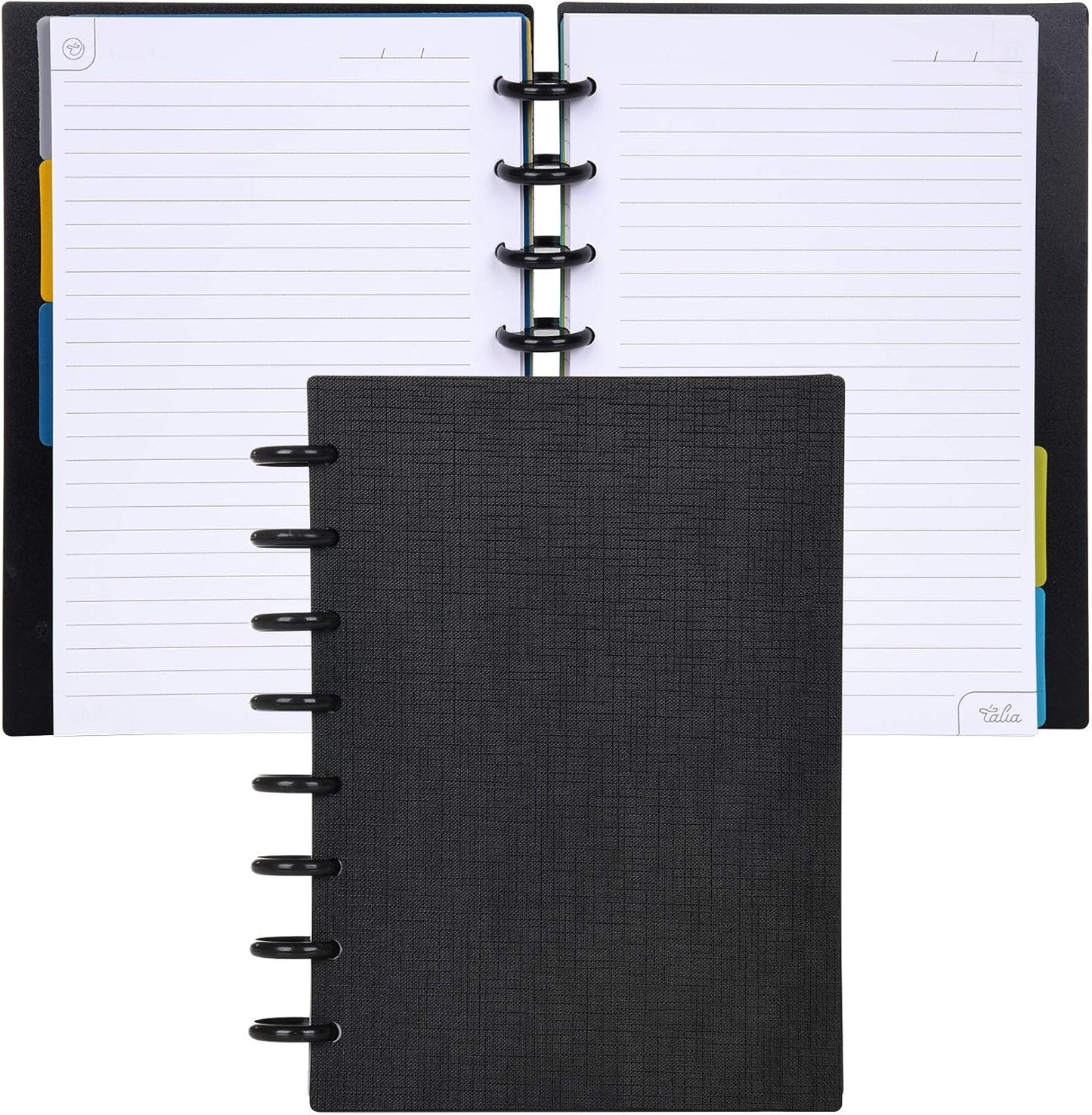Talia Discbound Notebooks, Planner, Customizable, (Black w/Black Discs, Junior (5.5in x 8.5in))