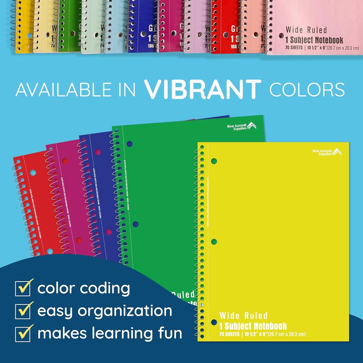 Blue Summit Wide Ruled Spiral Notebooks Bulk, 1 Subject Spiral Notebook Wide Ruled, Paper School Bulk Notebooks, 24 Pack