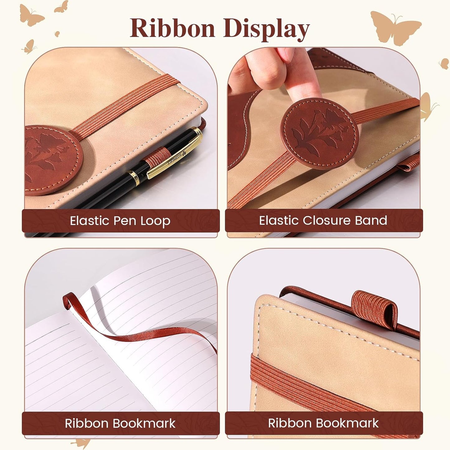 Lined Journal Notebook, A5 Hardcover Leather Journal for Men Women, 200 Pages 100 GSM Thick Paper, Journaling Notebooks for Work School Travel Note Taking, Beige & Brown