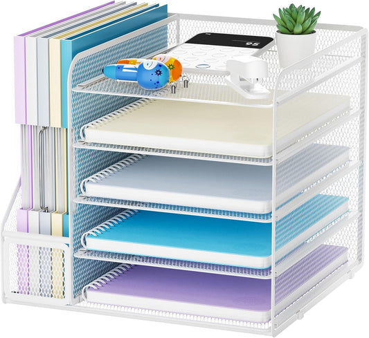 Marbrasse Desk Organizers and Accessories, 5-Tier Paper Letter Tray Organizer with File Holder, Mesh File Organizer, Office Desk Accessories & Organization for Supplies (White)