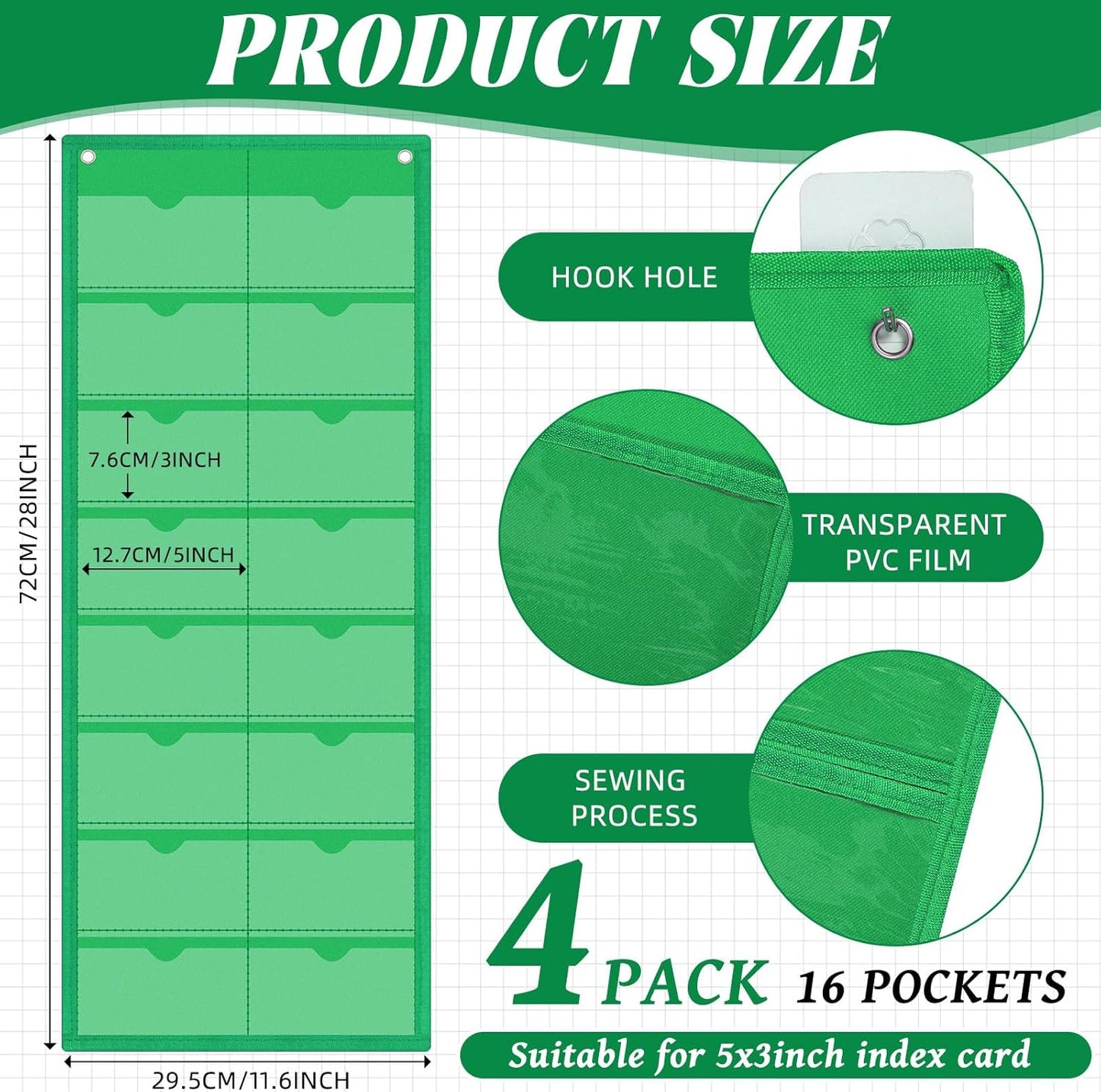 4 Pack 3'' x 5'' Index Card Holder Sleeve 16 Slot Plastic Organizer Hanging Wall Mount Business Note Cardholder PVC Clear Organizer Pocket for Classroom Office Library Home (Multicolored)