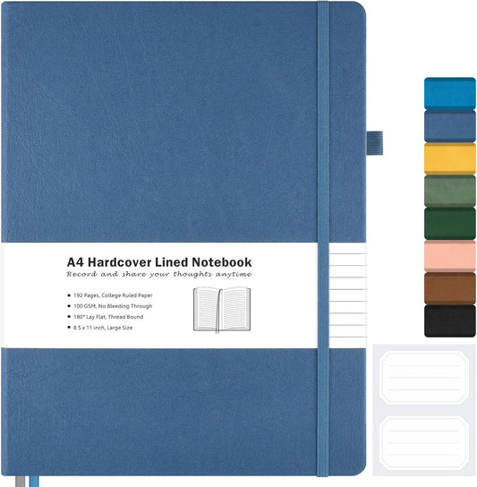 College Ruled Notebook, A4 Hardcover Leather Notebook for Work, Lined Notebook Journal for Women, Men, 192 Thick Paper, 8.5" x 11", Large Notebook with Pockets, Professional Business Notebook, Blue