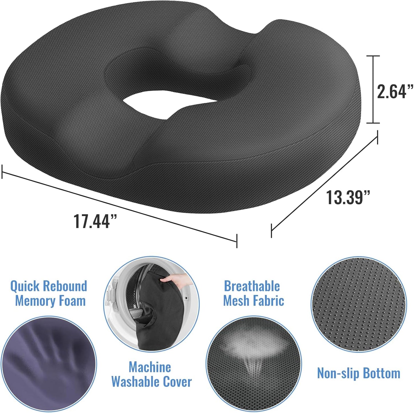 CloudBliss Donut Pillow Seat Cushion for Tailbone Pain Relief and Hemorrhoids, Memory Foam Chair Cushion for Postpartum Pregnancy, Seat Cushions for Men and Women for Home & Office, (Grey)
