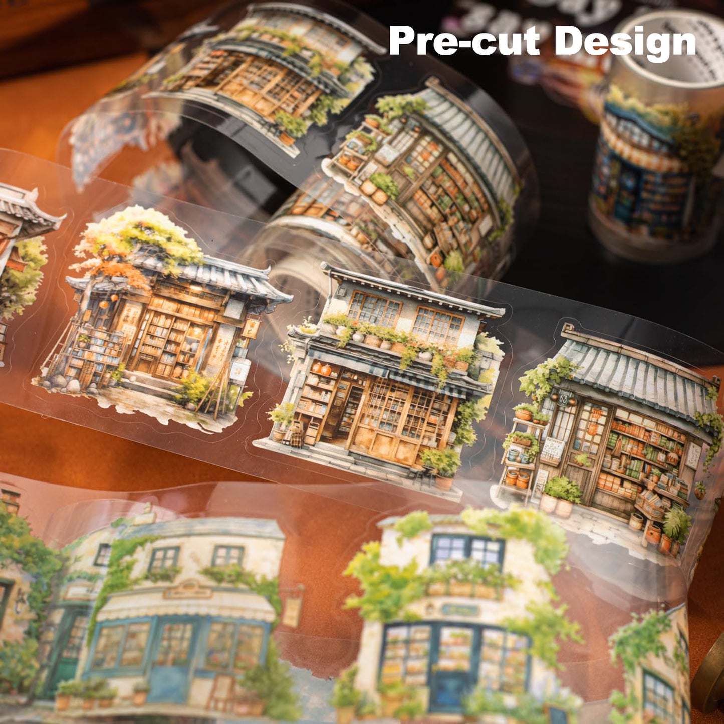 6 Rolls House Building Theme PET Tape Set, Pre-Cut Decorative Grocery Shop Stickers for Scrapbooking, Journaling, and Waterproof Craft Supplies with Clip