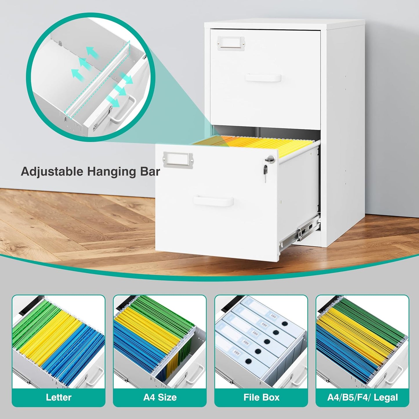 SISESOL 2 Drawer File Cabinet with Lock and Tag,Narrow Two Drawer Filing Cabinet,Vertical Metal File Cabinets,White Small Filing Cabinets for Home Office Fit Letter/A4/Legal Size File,Easy Assembly