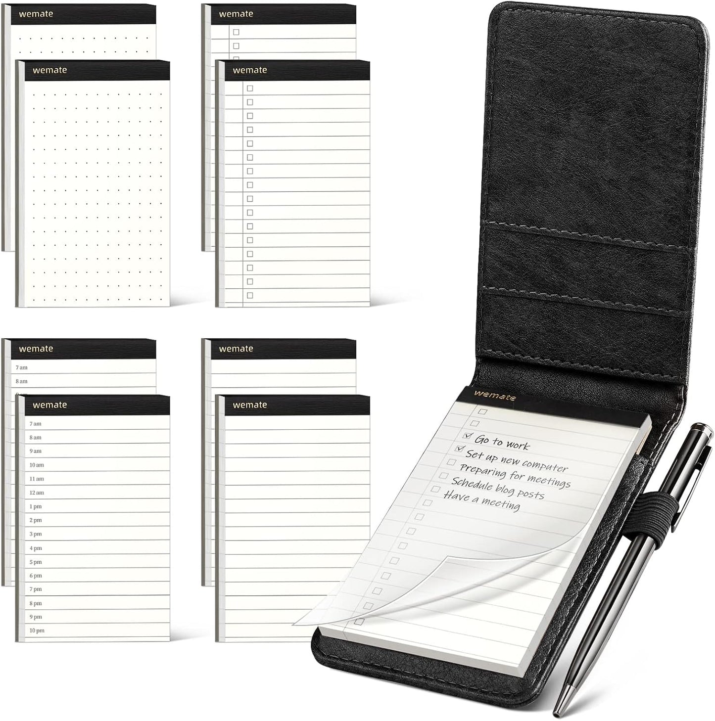 WEMATE 10 Pieces Small Notepad Holder Set Pocket Notebook - Included Mini Pocket Notepad Holder Set with 8 Memo Book Refills and Metal Pen for Meetings, Daily Records, and Notes 3 x 5 Inch (Black)