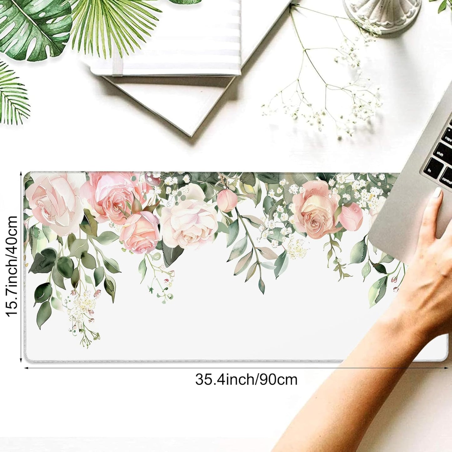 Desk Mat, Watercolor Pink Peony Flowers and Leaves Large Gaming Mouse Pad with Non-Slip Base Stitched Edges,Desk pad for Keyboard and Mouse Home Office 35.4"x15.7"