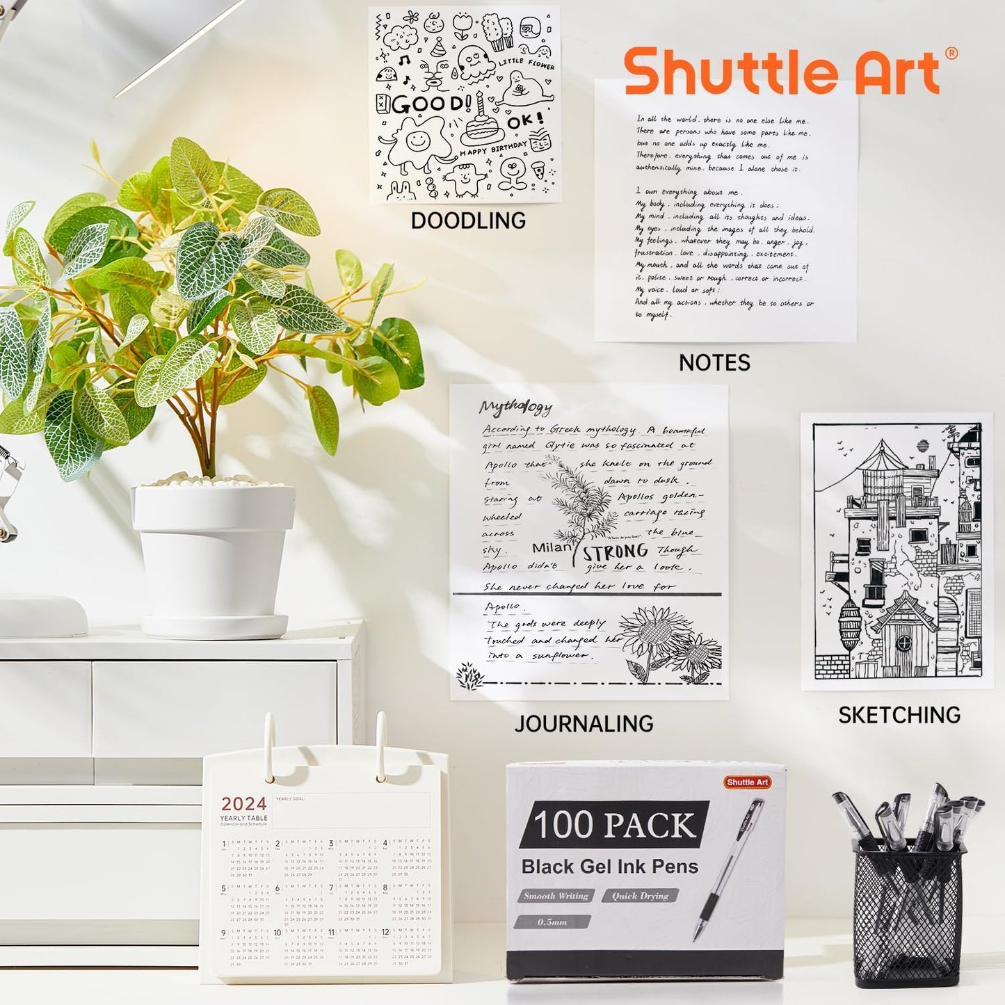 Shuttle Art Black Gel Pens, 100 Pack Fine Point Black Ink Pens Bulk, 0.5mm Rollerball Gel Ink Pens Smooth Writing with Comfortable Grip for Office, School and Home