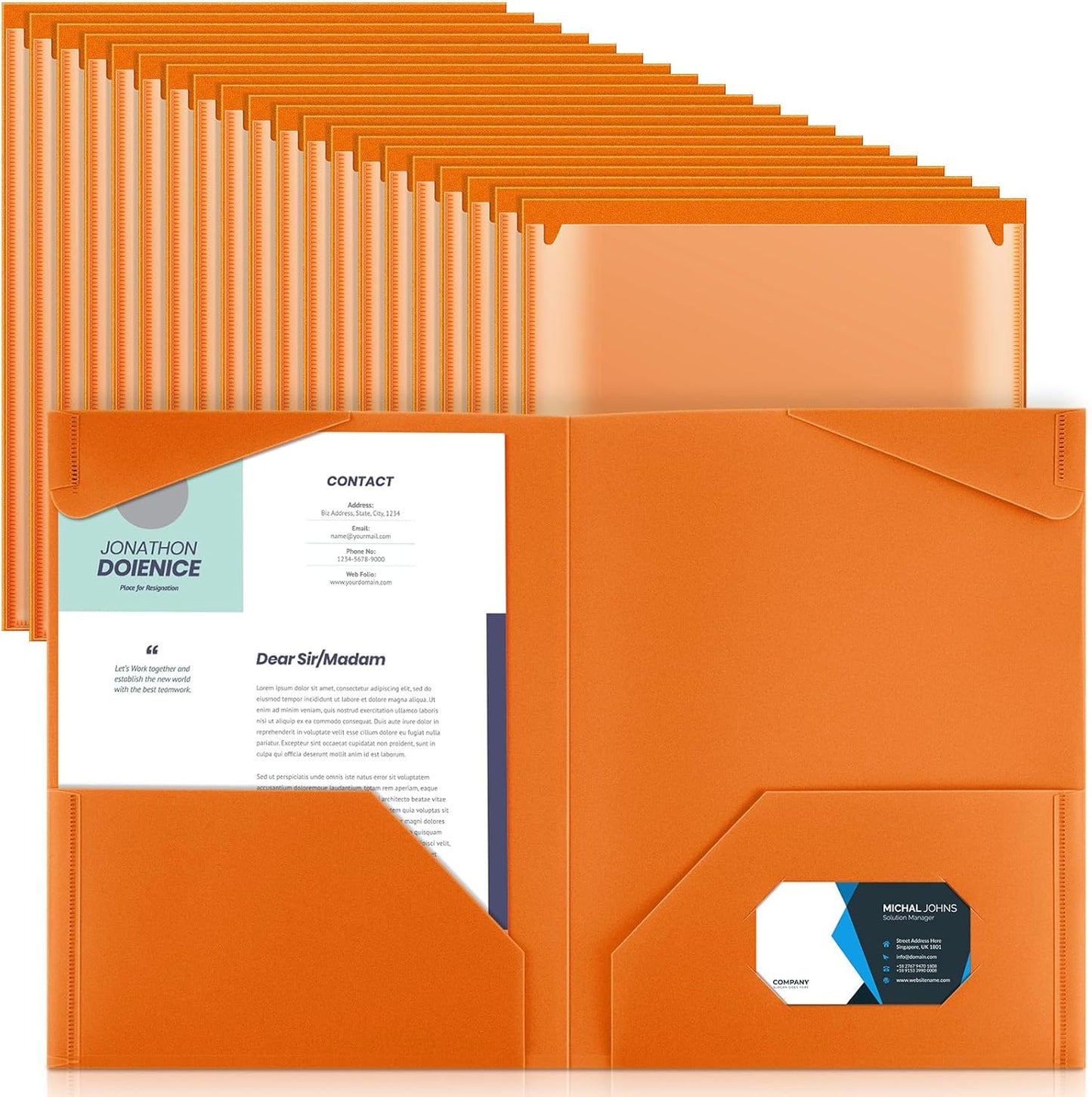 Henoyso 60 Pcs Plastic Folders with Clear Front Pockets Heavy Duty File Folders with 2 Pockets and Card Slot for Student Communication School Office Presentation Report (Orange)