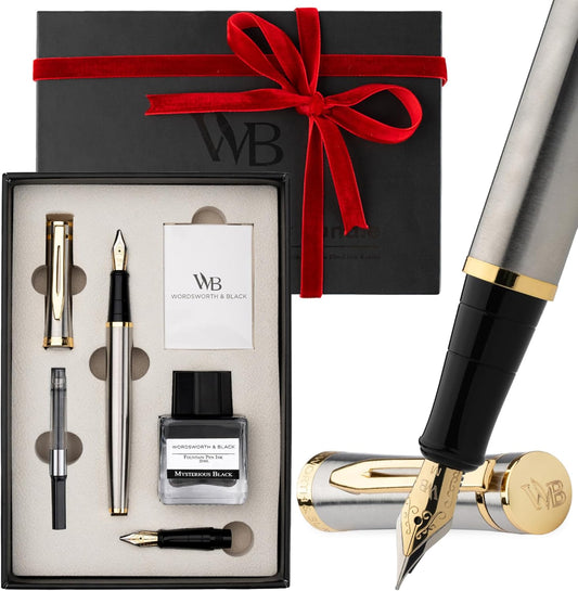 Wordsworth & Black Fountain Pen Set,18K Gilded Medium and Extra Fine Nib,25ML Black Ink Bottle,6 Ink Cartridges,Refill Converter,Gift Box,Smooth Writing Pens [Silver Gold],Gift Set for Men and Women
