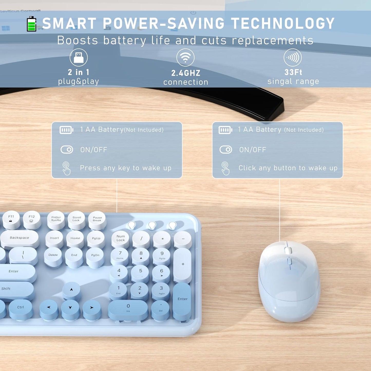 Wireless Keyboard and Mouse, Full-Size Retro Typewriter Keyboard with Round Keycaps, 2.4GHz for Windows, Mac, Laptop, PC, Desktop (Blue Gradient)