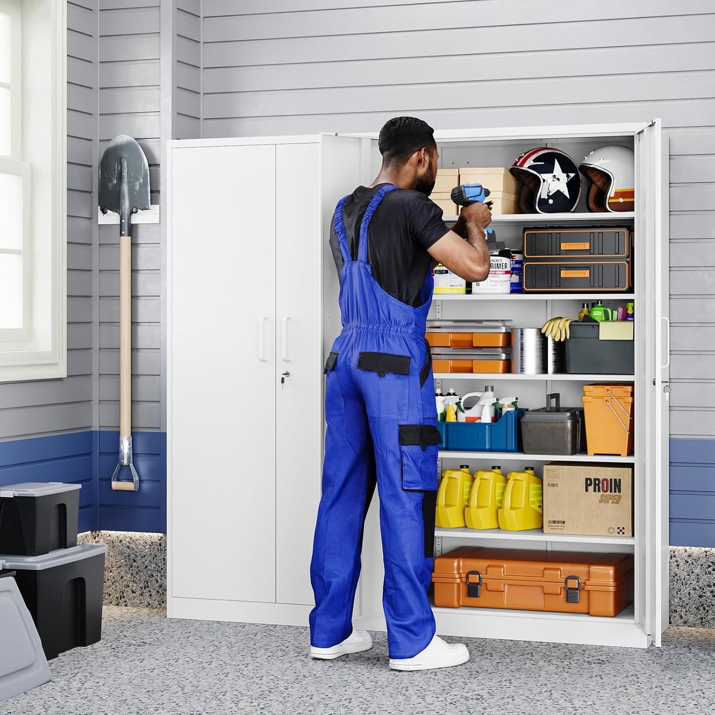 Yizosh Metal Garage Storage Cabinet with 2 Doors and 5 Adjustable Shelves - 71" Steel Lockable File Cabinet,Locking Tool Cabinets for Office,Home,Garage,Gym,School (White)