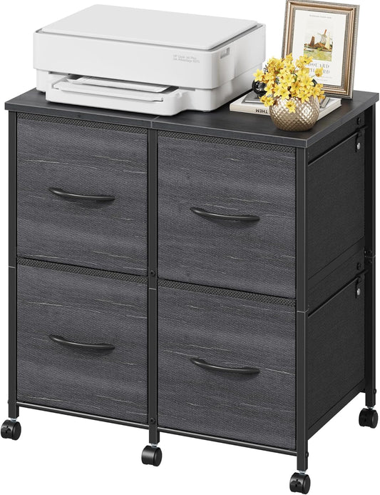 Lateral File Cabinet 4 Fabric Drawer, Mobile Filing Cabinet for Large Printer, Home Office Functional Office Storage Cabinet & Printer Stand, Fits A4/Letter Size, Charcoal Black Grain Print