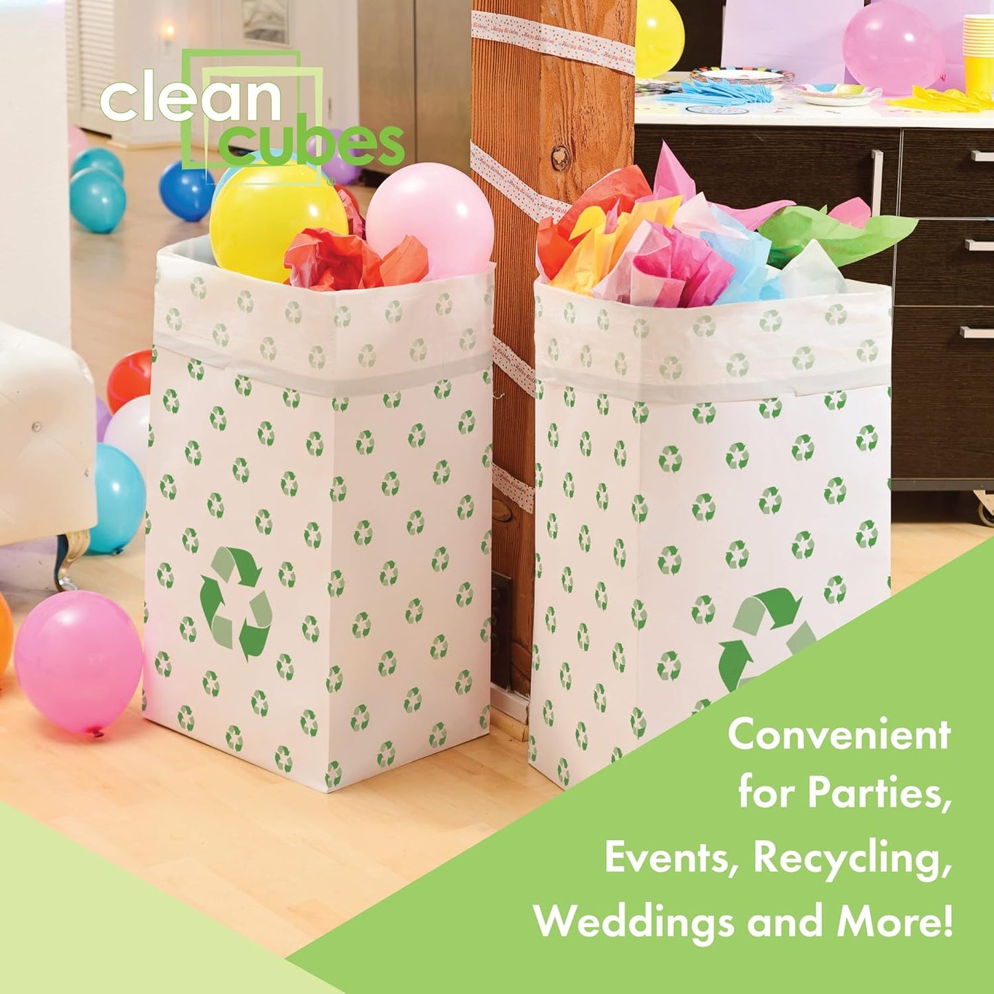 | 30 Gallon Disposable Trash Cans (3-Pack) with Fitted Trash Bags - Reusable Garbage and Recycling Bins for Parties, Events, and More (Recycle - 30” Height x 17” Width x 14” Depth)