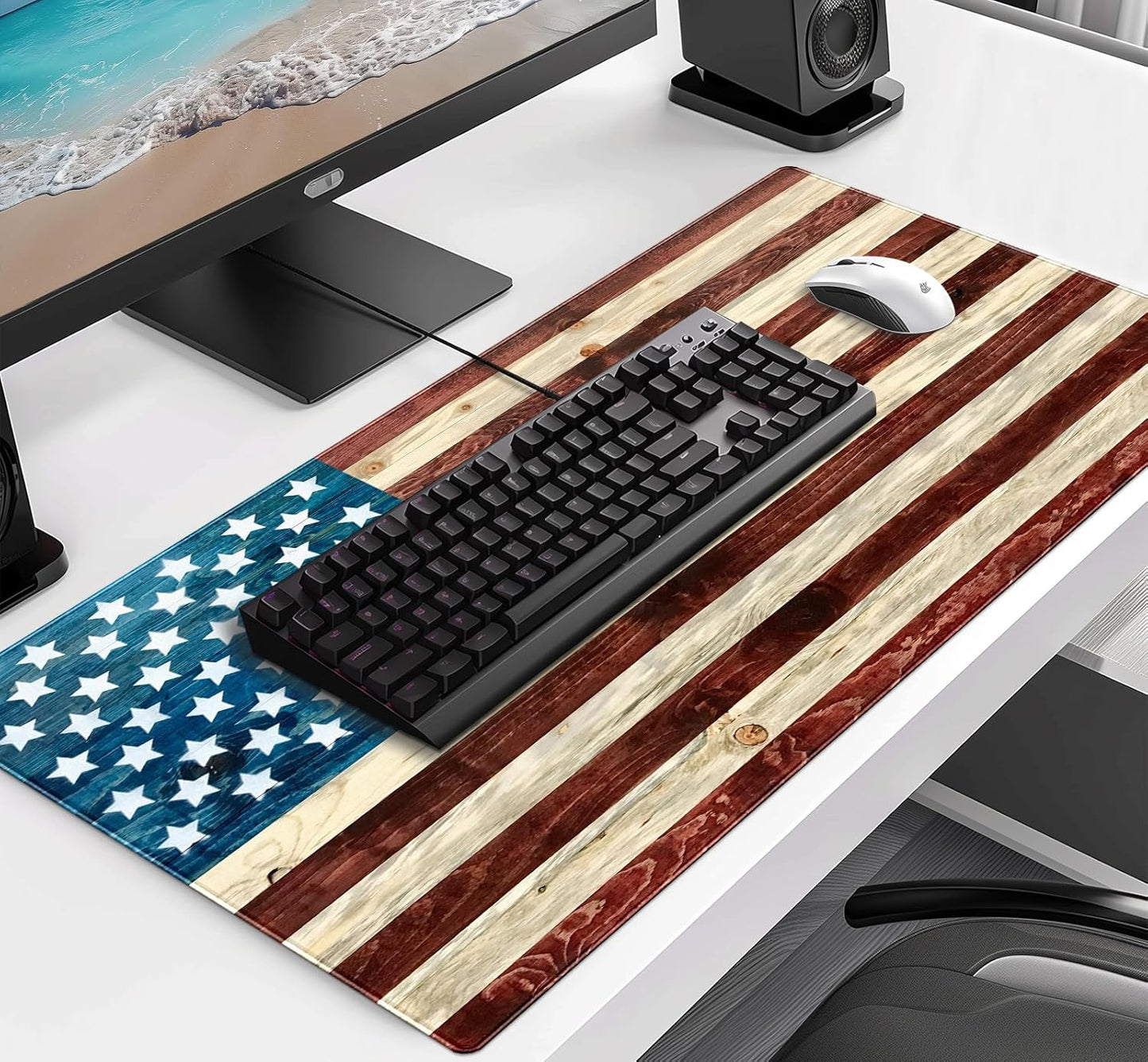 Personalized American Flag Wood Grain Computer Keyboard Desk Pad, Cute Female Office and Study Full Desk Extended Mouse Pad 35.4 x 15.7 Inches