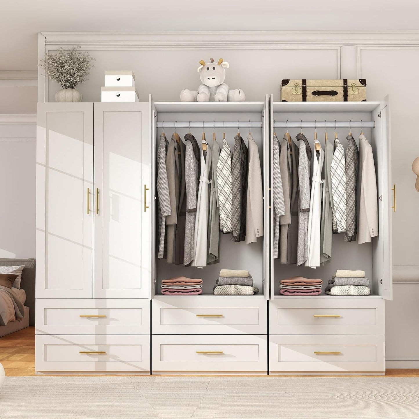 White Wardrobe with 2 Doors: 75" Tall Armoire Wardrobe Closet with 2 Drawers, Bedroom Closet Cabinet for Hanging Clothes, Wooden Storage Armoire with Shelves (Contemporary, 3)