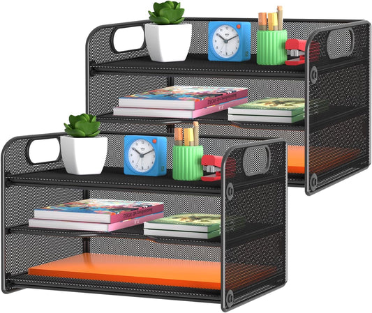 samstar 2 Pack 3 Tier Letter Tray Paper Organizer with Handle, Mesh Desk Organizer Paper Sorter File Rack Shelves, Black