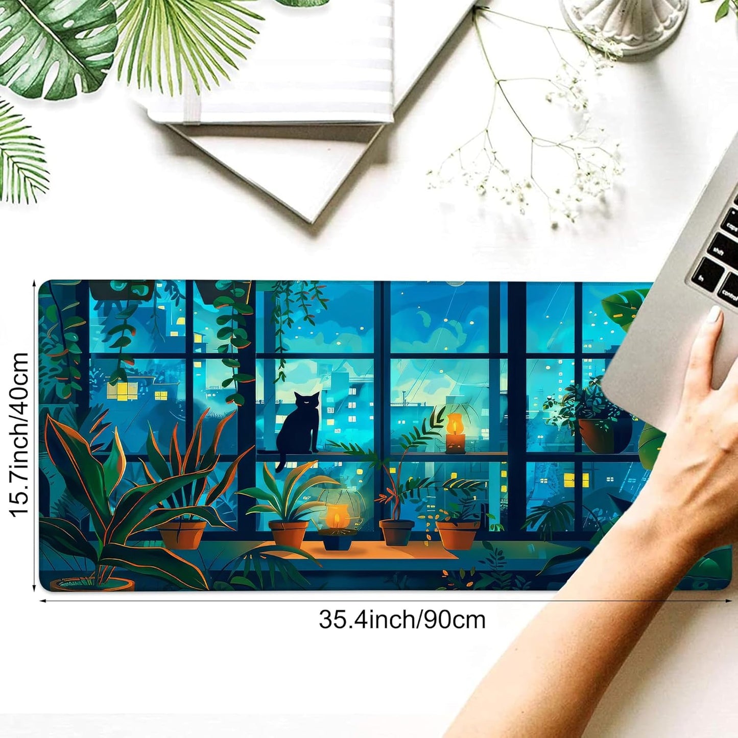 Desk Mat, Cute Lofi Anime Black Cat Green Plants Large Gaming Mouse Pad with Non-Slip Base Stitched Edges,Desk pad for Keyboard and Mouse Home Office 35.4"x15.7"