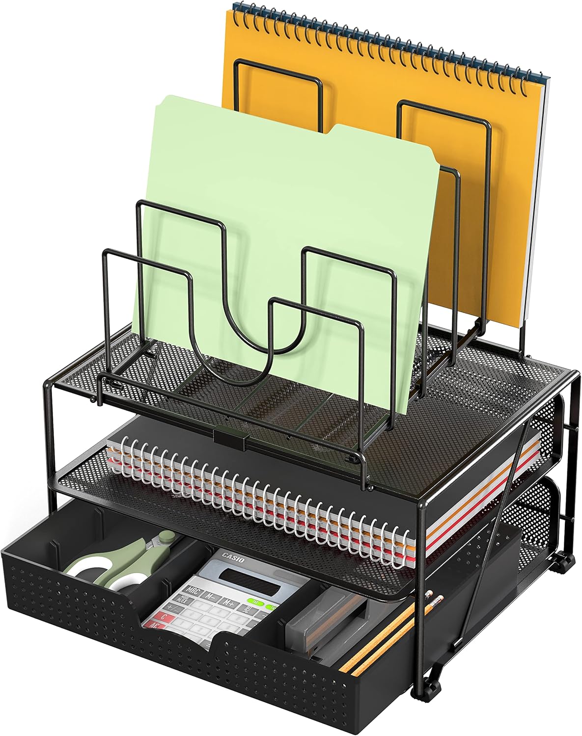 Deco Brothers Desktop File Organizer with Double Tray and 5 Folder Stand, Black