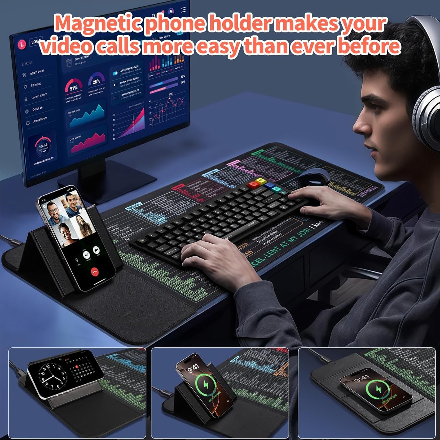 Wireless Charging Mouse Pad with Foldable Phone Stand &Excel Shortcut Keys 15W Qi Fast Charging Desk Mat XXL Non-Slip Surface for Gaming/Office, Compatible with Qi-Enabled Phones (31.5x11.8x0.16inch)