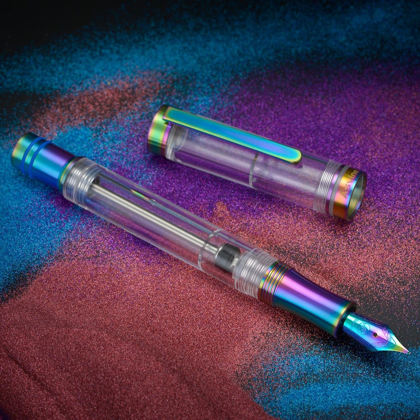 Asvine V200 Titanium Fountain Pen Vacuum Filling, Rainbow Iridium Fine Point Transparent Acrylic Smooth Writing Pen Case Set