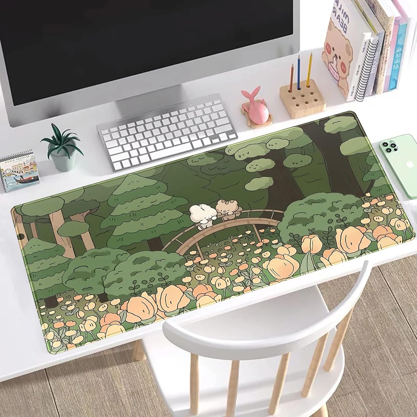 Anime Forest Desk Mat,Cute Green Mouse Pad,Kawaii Aesthetic Full Desktop Pad XXL Gaming Mousemat XL, Extended Korean Animals Bear Bunny Keyboard Mat Large 31.5x15.7 Inch Non-Slip&Stitched Edges
