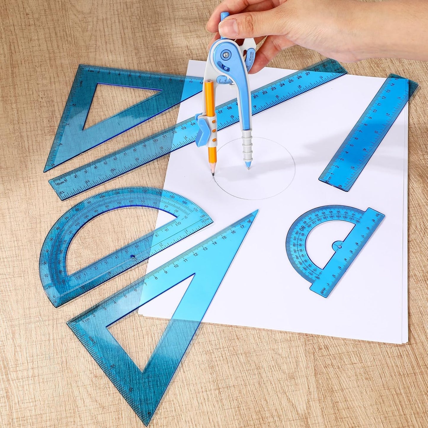 Zonon 1 Set Plastic Geometry Math Set 7 Pcs Includes 6'' / 4 '' Protractor, Drawing Compass, 45/60 Degree Triangle Rulers, 12'' / 6'' Math Ruler Transparent for Office Supplies(Blue)