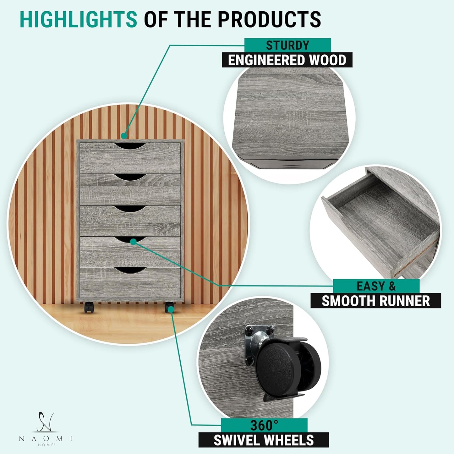 Naomi Home 5 Drawer Office Storage File Cabinet, Under Desk Cabinets for Organization Filing Cabinet with Wheels, Printer Stand Storage, 180 lbs Capacity - Gray Oak 11394AM