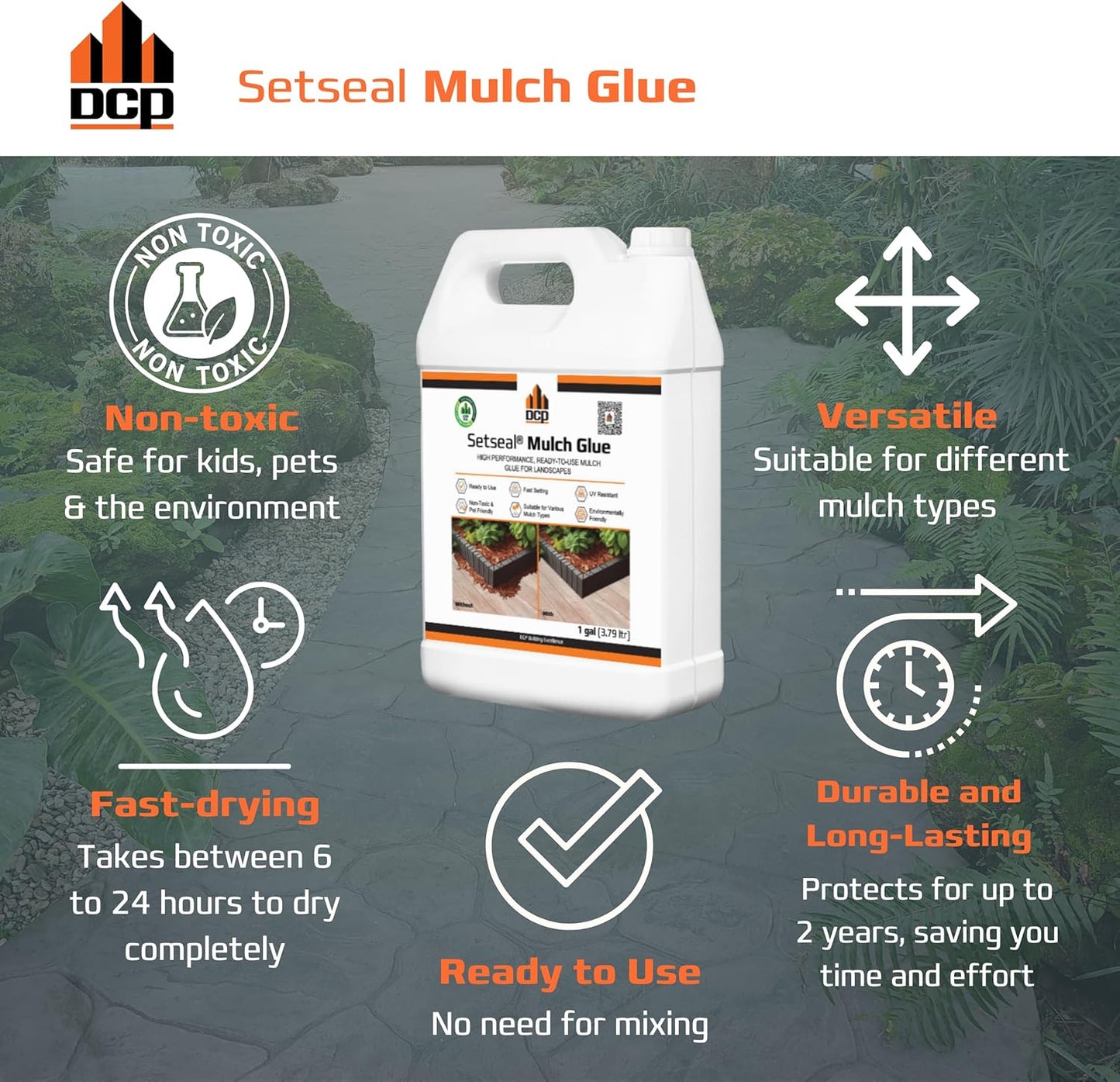 DCP Setseal Mulch Glue for Landscaping 1 Gallon - Gravel Stabilizer & Rock Glue - Works with Mulch, Pea Gravel, Pebble, Rubber Mulch, Large Gravel, Rocks - Ready-to-Use, Non-Toxic, Fast Drying