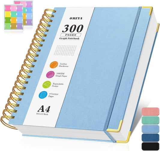 Graph Paper Notebook, Spiral Grid Notebook 8.5" X 11", Hardcover Leather Journal 300 Pages, 100GSM Thick Grid Paper Notebook, Large A5 Graphing Notebook Journal for Women Men Writing Engineering Work