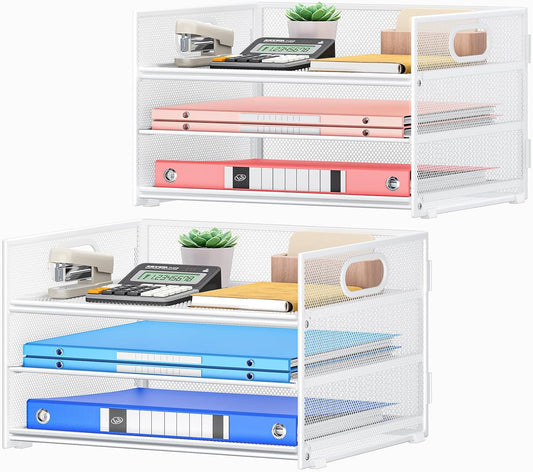 Subekyu 2-Pack 3-Tier White Metal Mesh Desk Paper Letter Tray & File Sorter Organizer with Handle + 1 Sliding Tray for Desk, Home, Office, School Supplies, A4 Paper and Accessories Storage