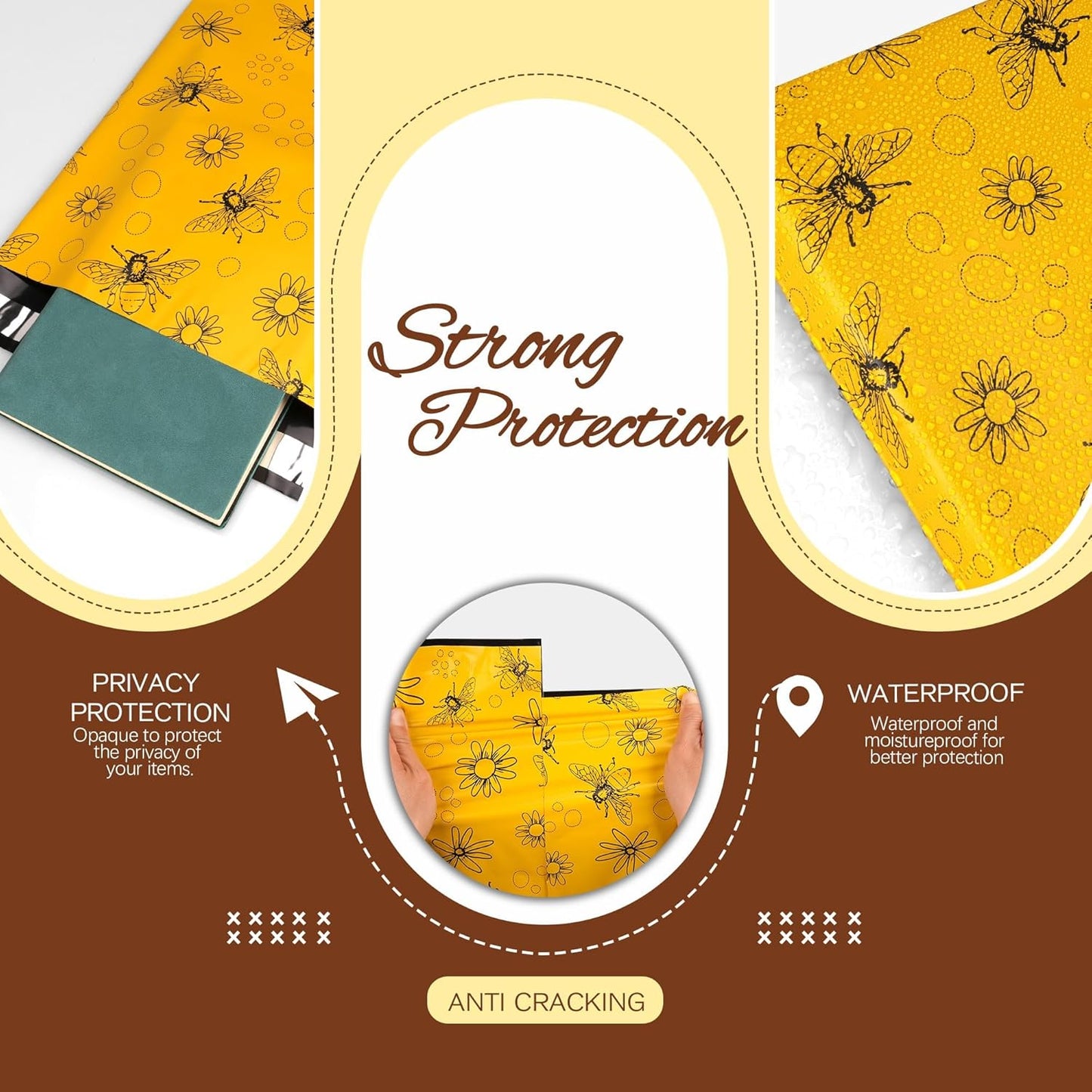 Bees Poly Mailer 12x15.5 Inch 50 Pcs, Waterproof Shipping Bags for Clothing, Tear-Resistant Mailier Bags, Strong Mailing Bags with Self-Seal