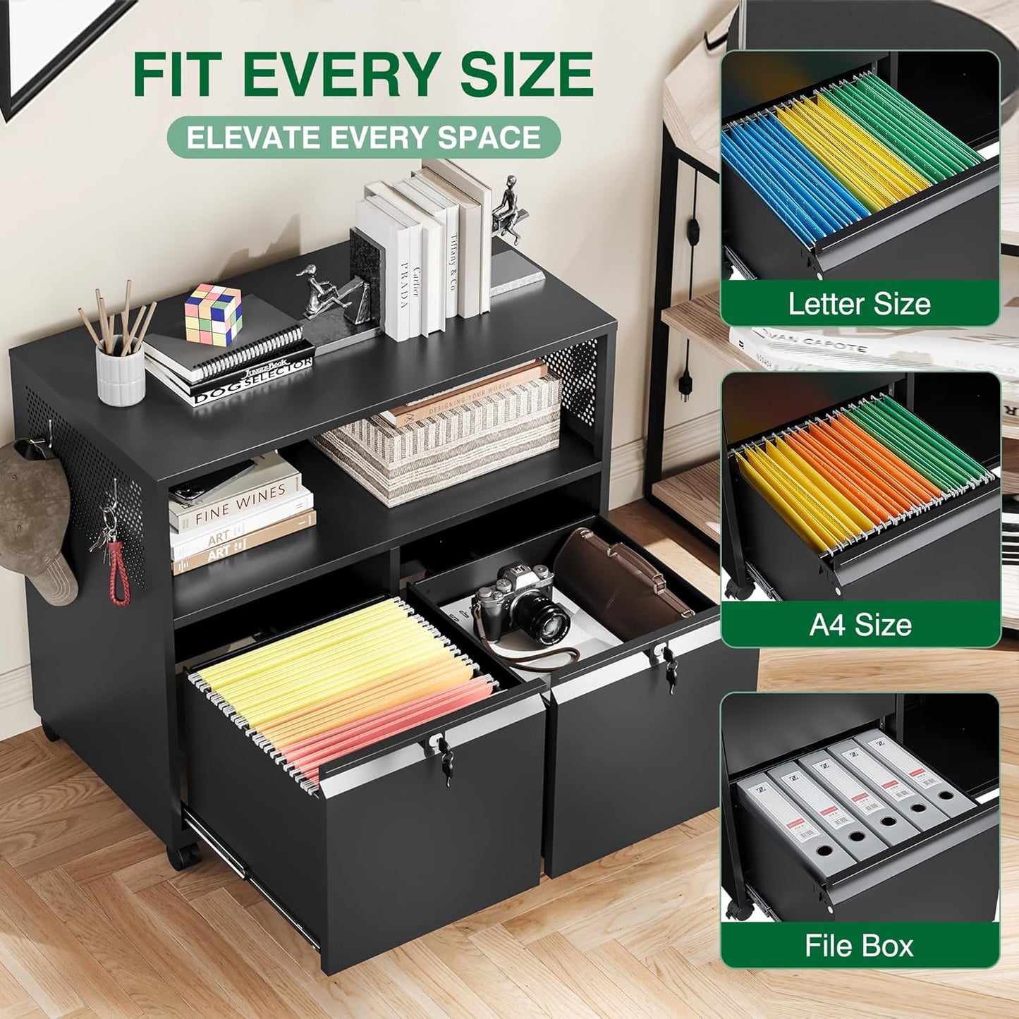 Metal File Cabinet,2 Drawer Filing Cabinet with Lock,Rolling Printer Stand Storage Cabinets with Shelves for Home Office Letter/Legal/A4 Size Files(Black)