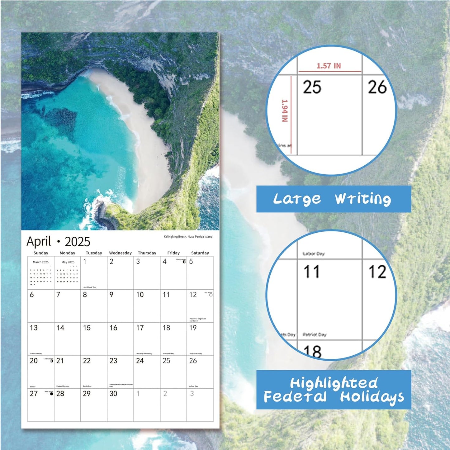 2025 Wall Calendar,Calendar 2025, January 2025 - December 2025, Wall Calendar Ocean Beaches, 12" x 24" Opened,Full Page Months Thick & Sturdy Paper for Calendar Organizing & Planning