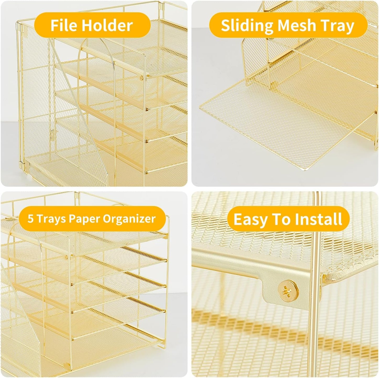 Desk Organizers and Accessories, 5-Tier Paper Letter Tray Organizer with File Holder, Desktop Organizer for Office Supplies, Office Desk Accessories & Workspace (Gold)